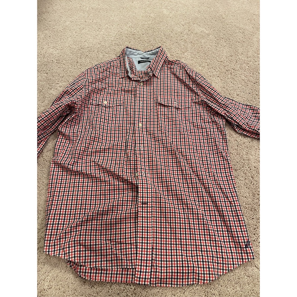 Nautica Men's Long Sleeve Button Down Shirt Red Black Plaid Cotton